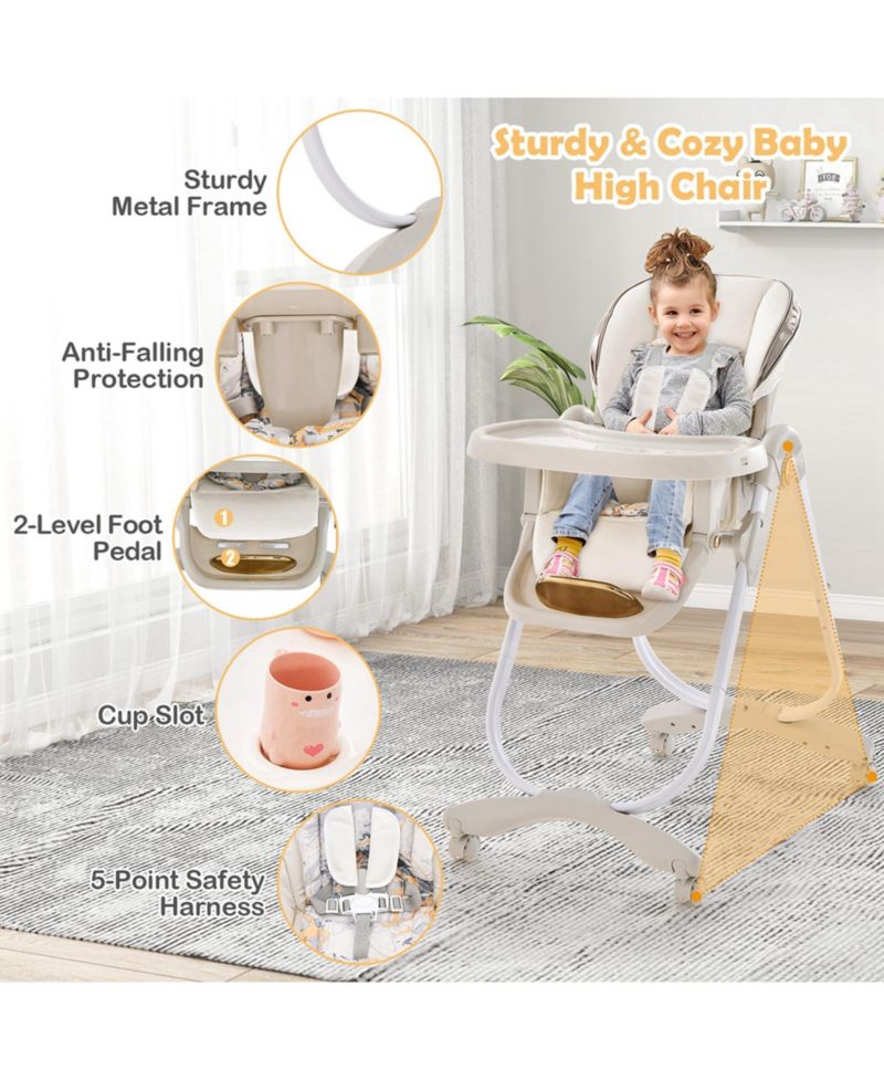 Baby High Chair with Wheel Folding Baby Dining Adjustable Height