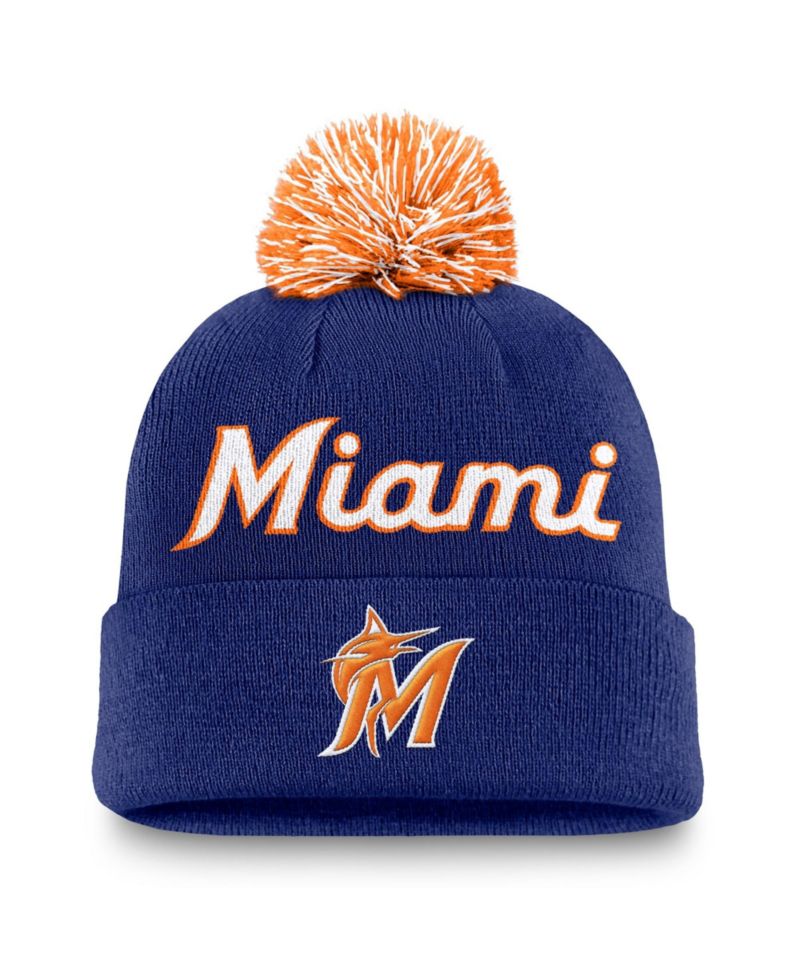 Men's Royal Miami Marlins Peak Cuffed Knit Hat with Pom