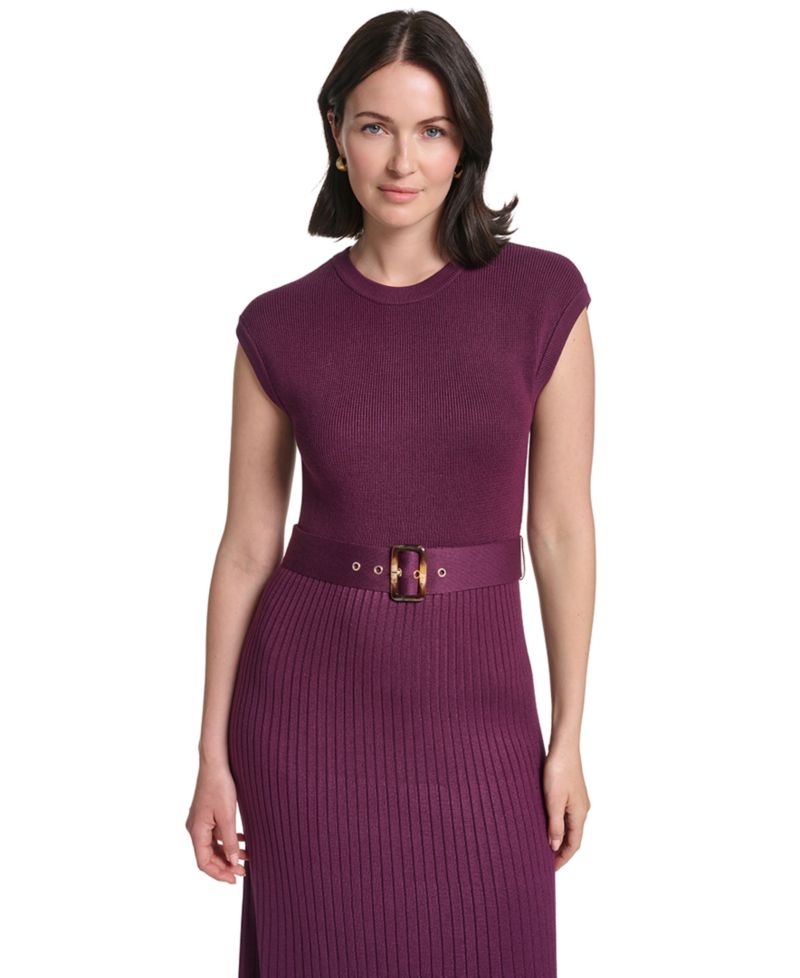 Petite Belted Midi Ribbed Dress