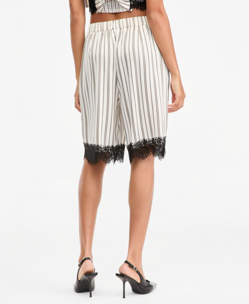 Women's Pinstripe Satin High-Waisted Lace-Trim Shorts