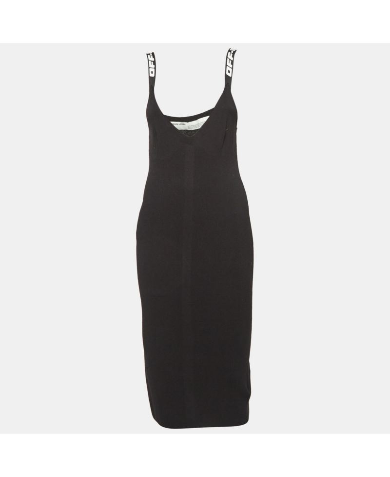 Women's Black Rib Knit Logo Strap Fitted Short Dress