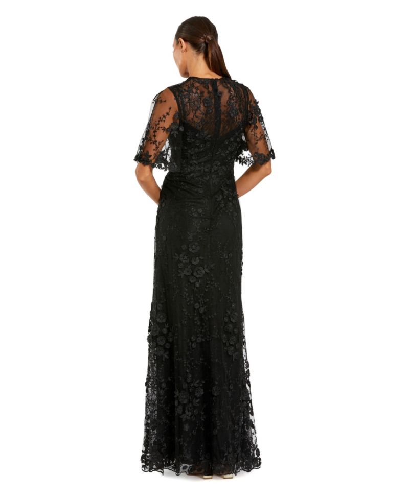 Petite Flutter Sleeve Floral Embroidered Net Gown