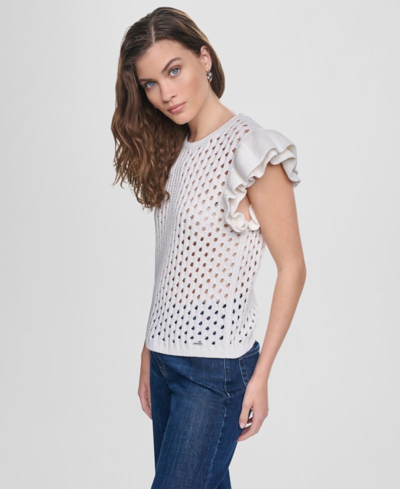 Women's Baby Chenille Pointelle Rib Flutter-Sleeve Sweater