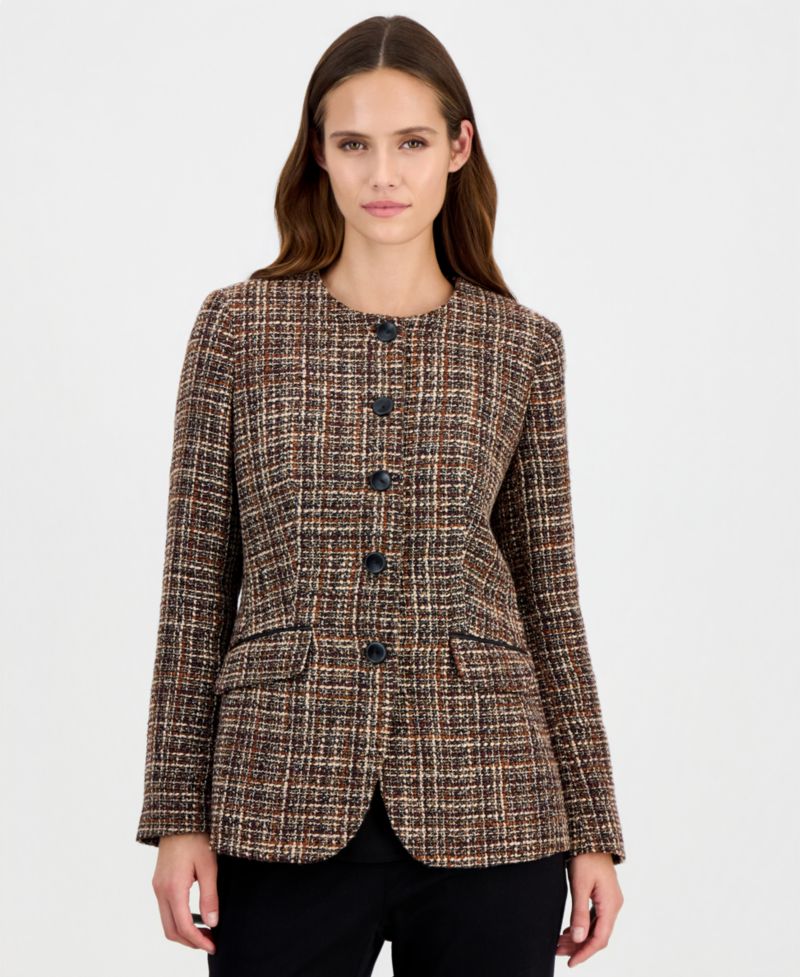 Women's Collarless Plaid Blazer