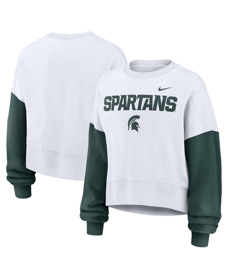 Women's White Michigan State Spartans Color-Block Oversized Cropped Pullover Sweatshirt