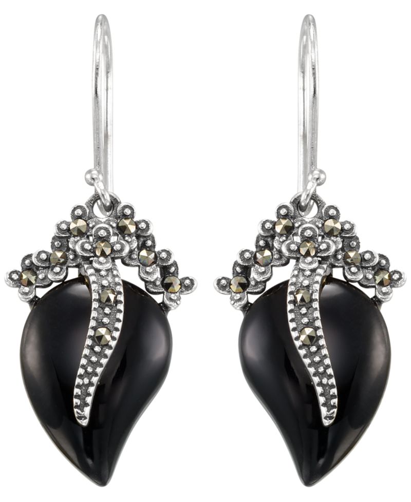 Marcasite (0.16 ct. t.w.) and Onyx (4 ct. t.w.) Dangle Earrings in Sterling Silver