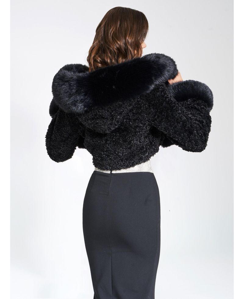 Women's Kali Black Cropped Faux Fur Jacket With Hood