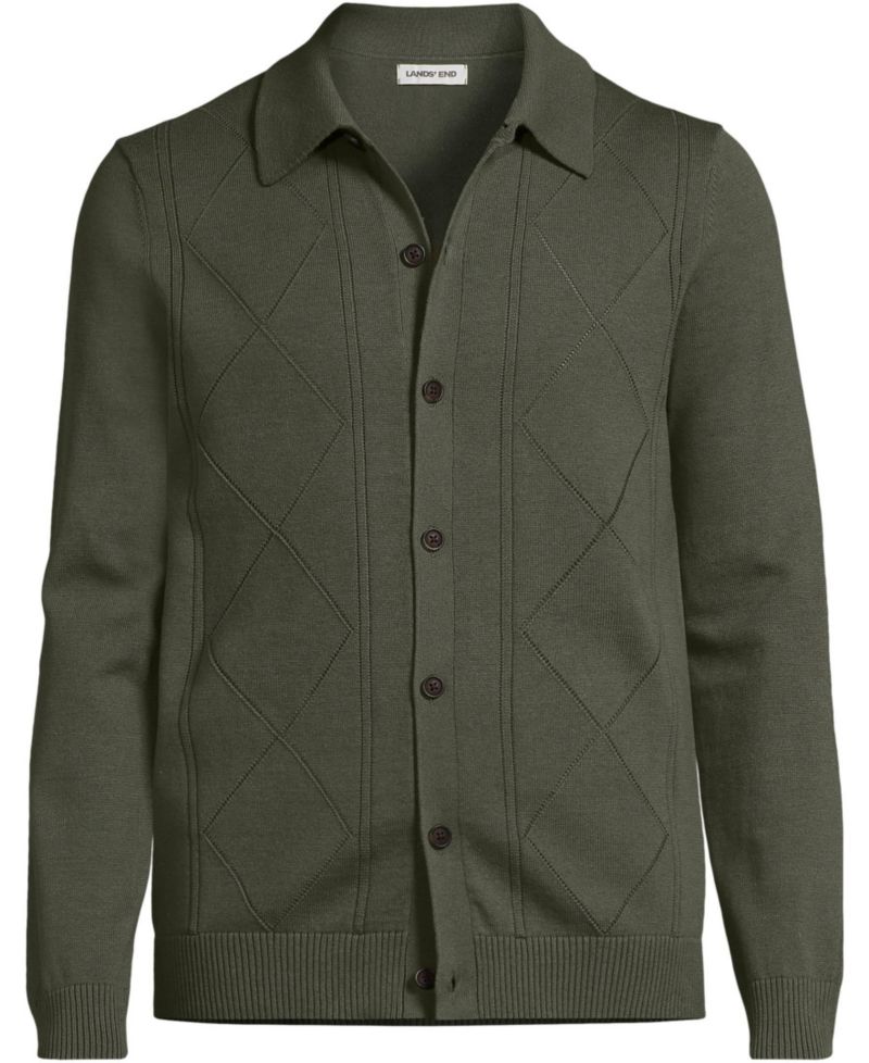Men's Long Sleeve Fine Gauge Cotton Pointelle Argyle Cardigan