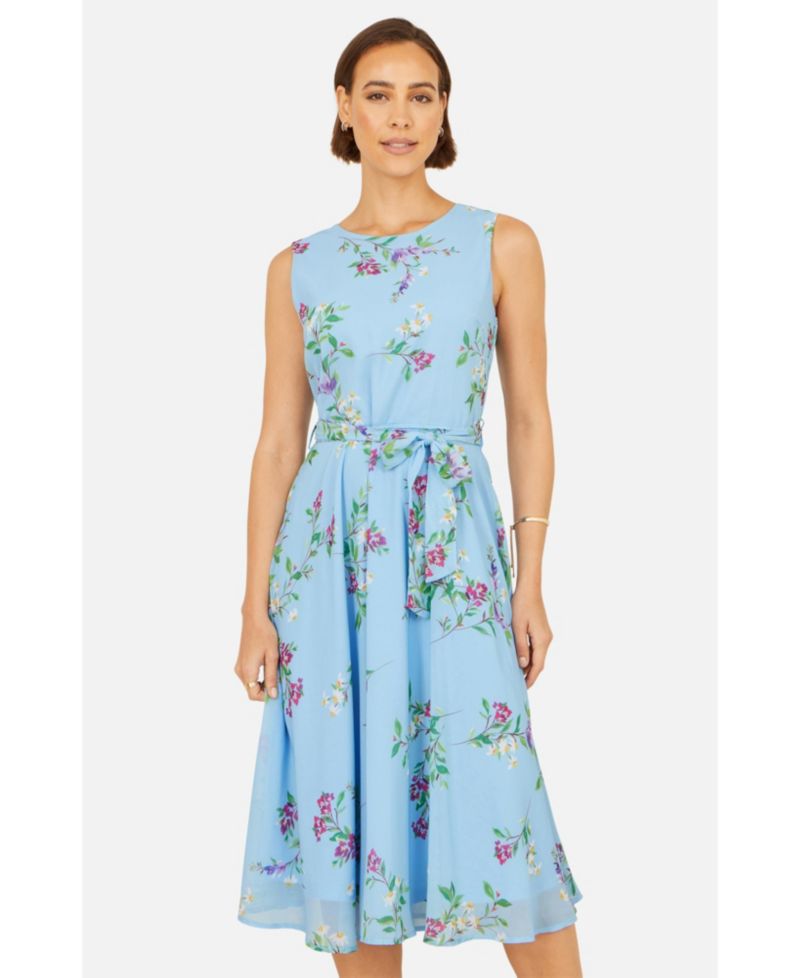 Women's Sleeveless Tie Waist Printed Midi Dress