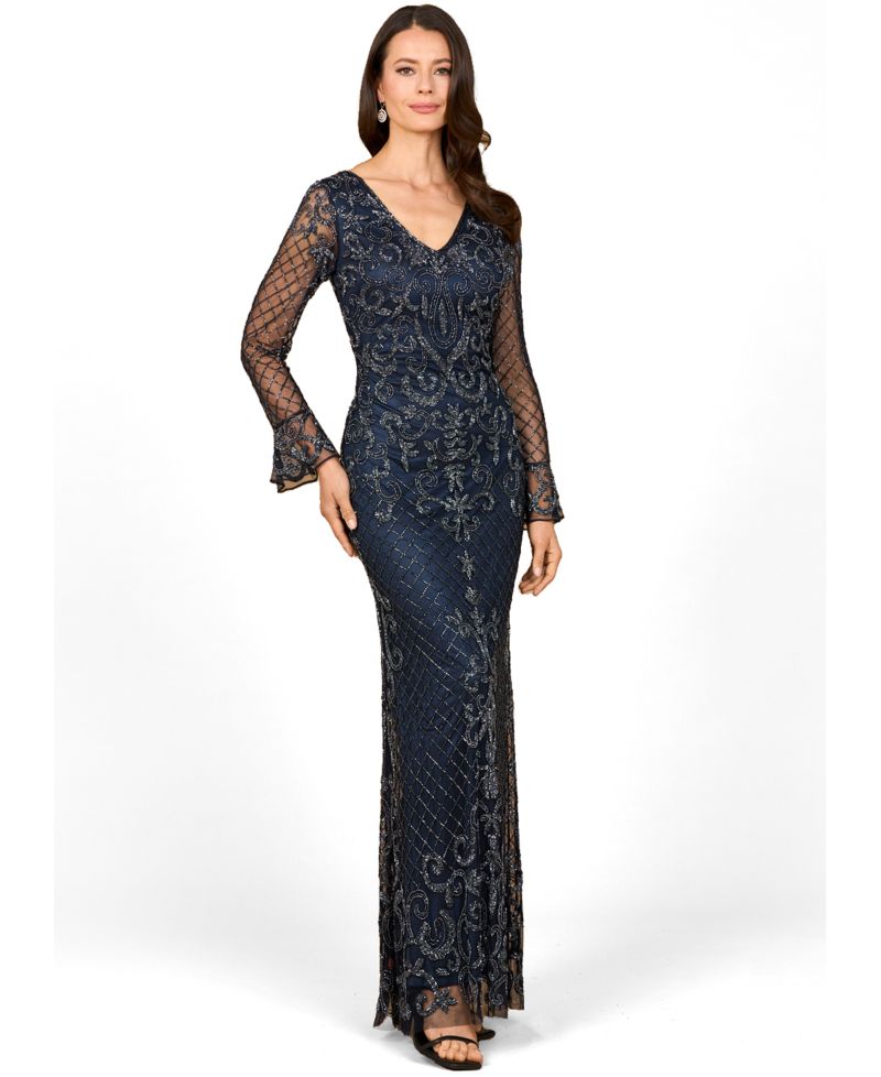 Women's Beaded Long Sleeve V-Neck Gown