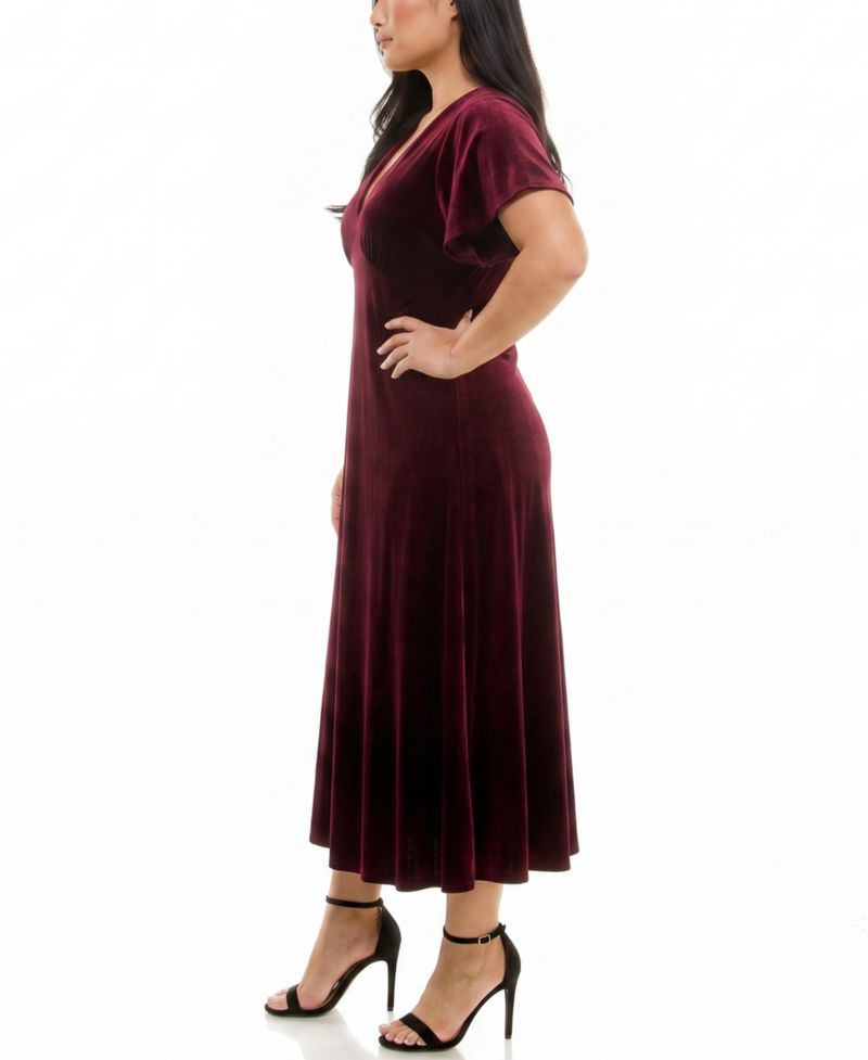 Plus Size Flutter Sleeve Midi Velvet Fit & Flare Dress