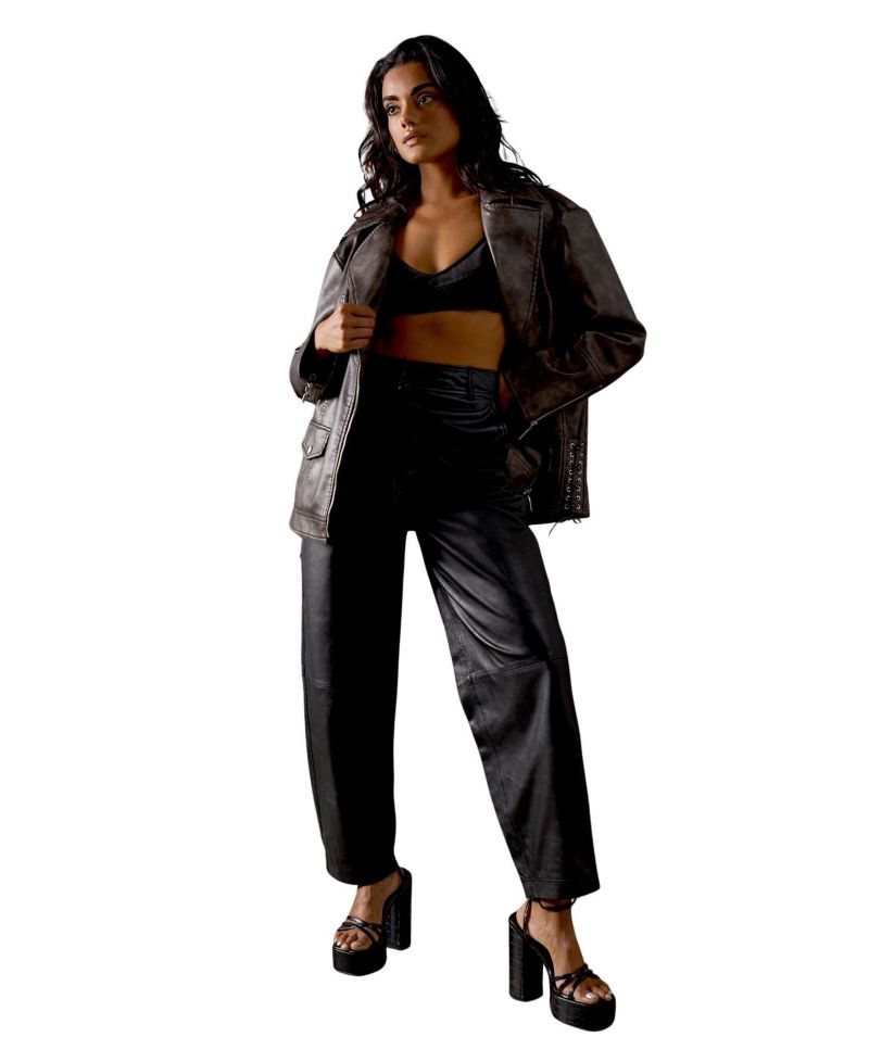 Women's Oversized Whipstitch Leather Look Jacket