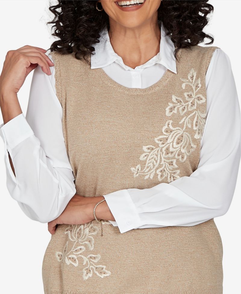 Petite Union Square Two-in-One Embroidered Scoop Neck Sweater