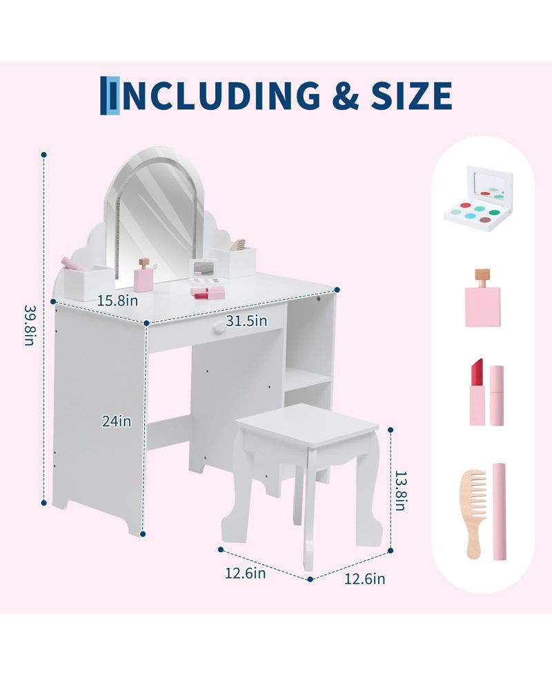 Kids Vanity Set with Adjustable Lighted Mirror and Stool