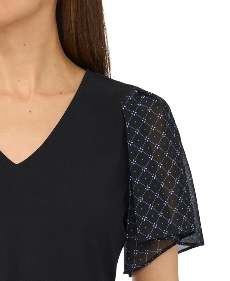 Women's V-Neck Flutter Short-Sleeve Chiffon Blouse