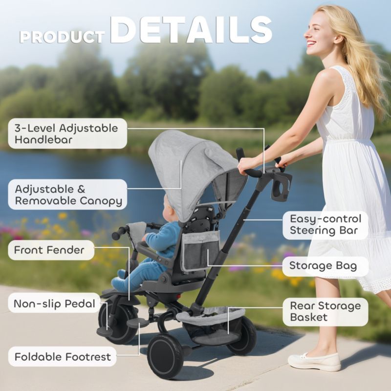 6 in 1 Kids Tricycle with Adjustable Push Handle for 1-5 Years