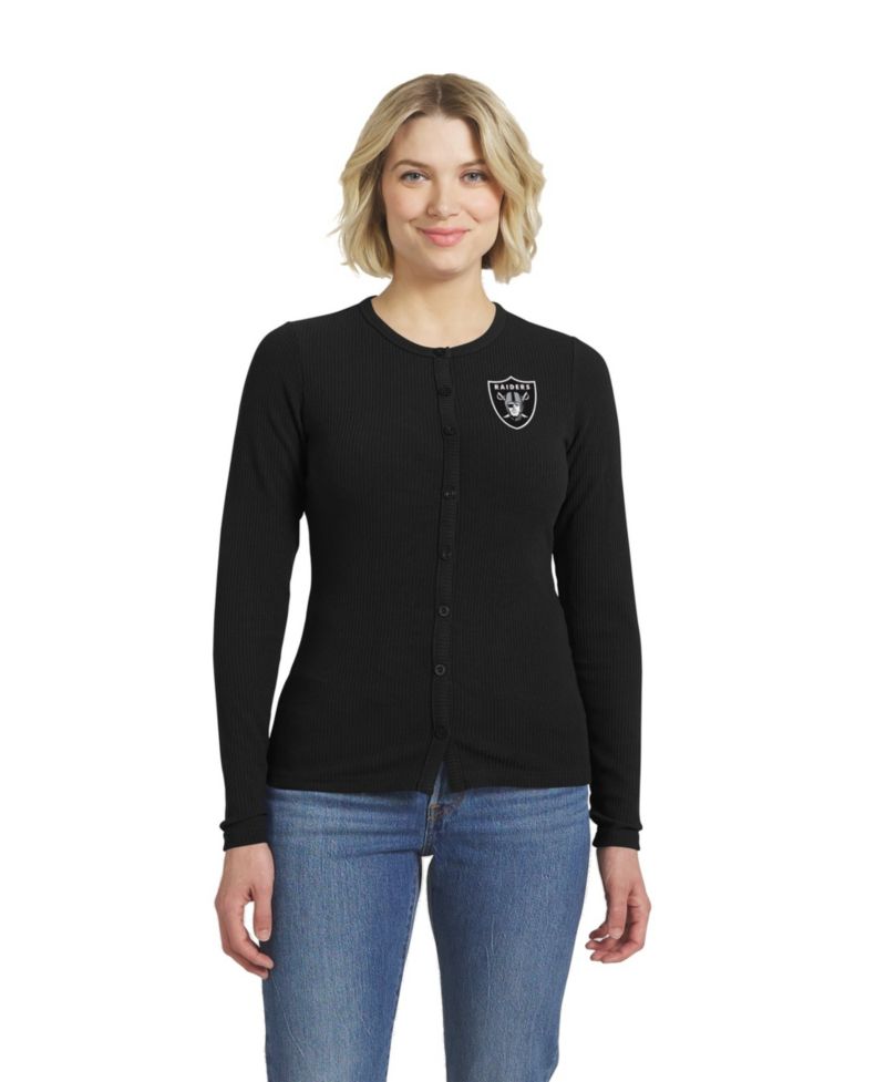 Women's Black Las Vegas Raiders Ribbed Full-Button Cardigan Sweater
