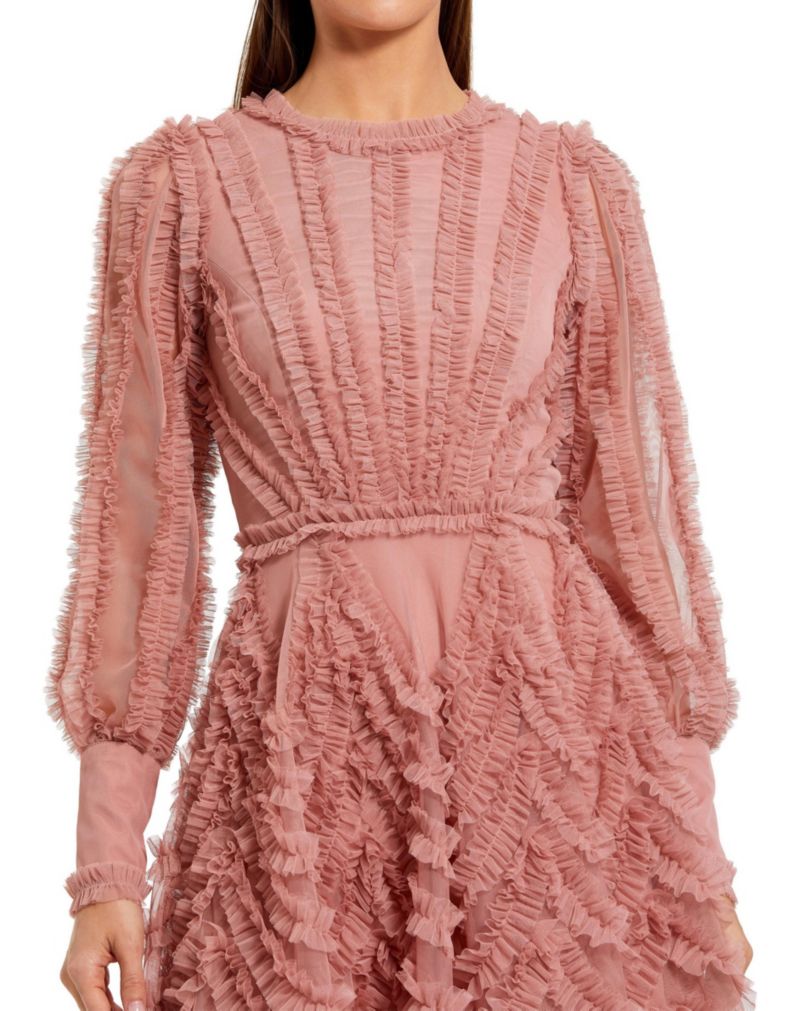 Women's Ruffle Lace Up Back Long Sleeve Mini Dress