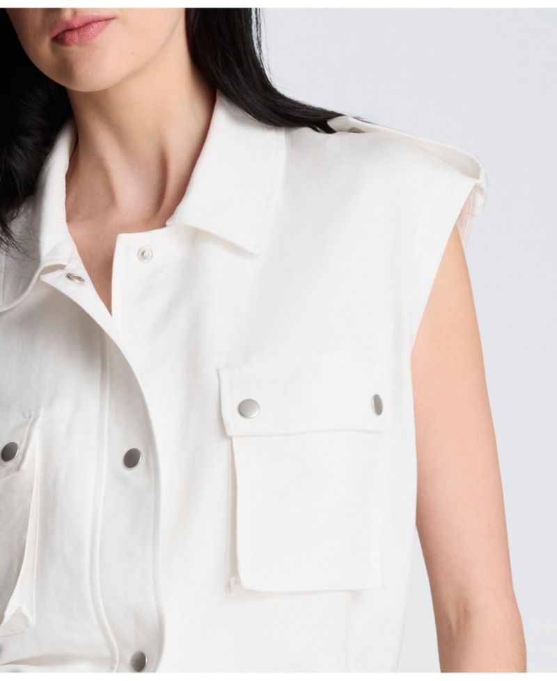 Women's Collared Patch Pockets Linen Vest