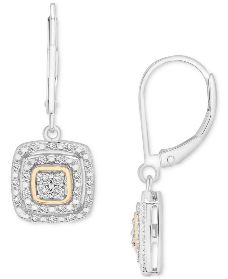 Diamond Cushion Drop Earrings (1/4 ct. t.w.) in Sterling Silver & Gold Plate