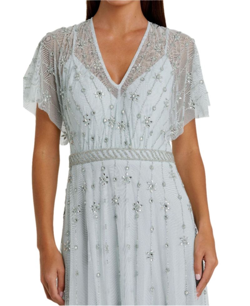 Women's V-Neck Embellished Flutter Sleeve A Line Gown