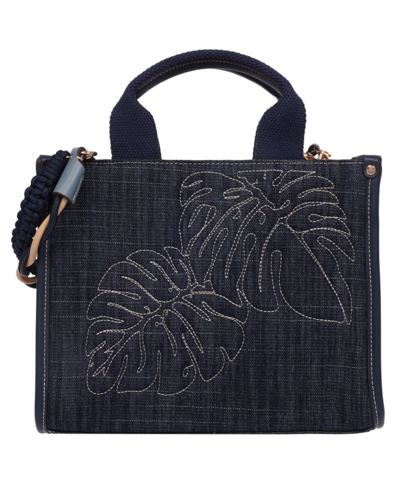 Dorothy Medium Denim Tote - Embroidered Leaf Convertible Top Handle and Crossbody Bag