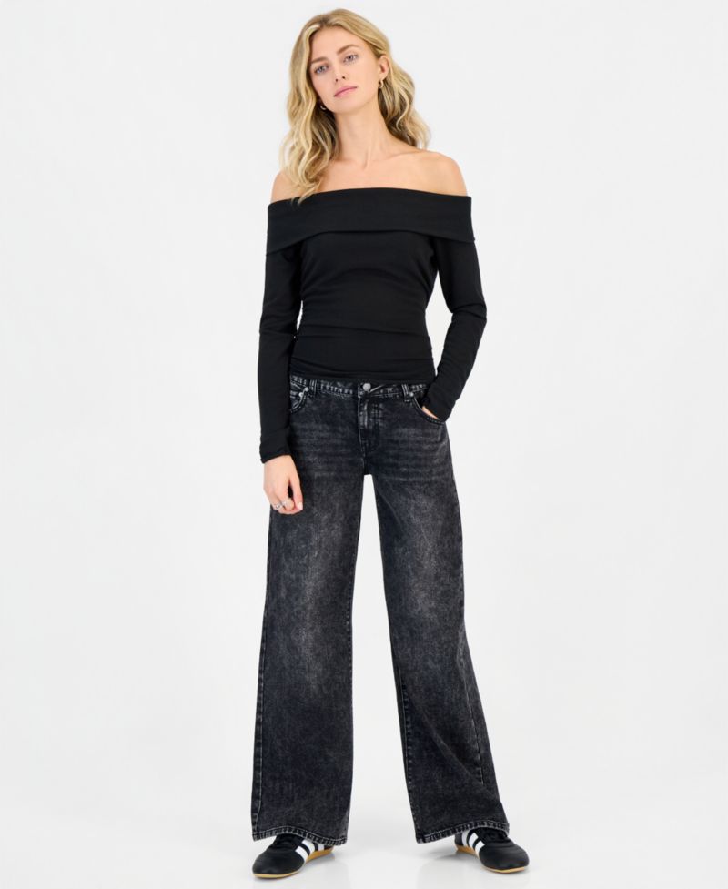 Juniors' Wide-Leg Leopard Star Patch Jeans