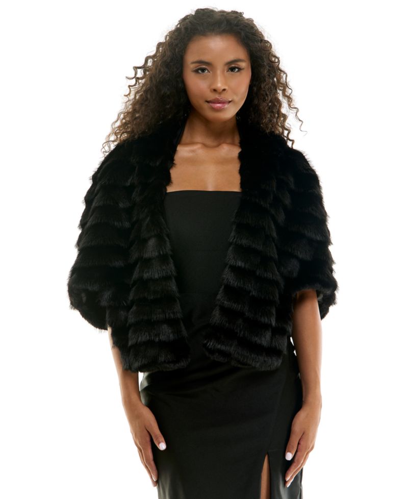 Juniors' Tiered Cropped Faux Fur Shawl Jacket