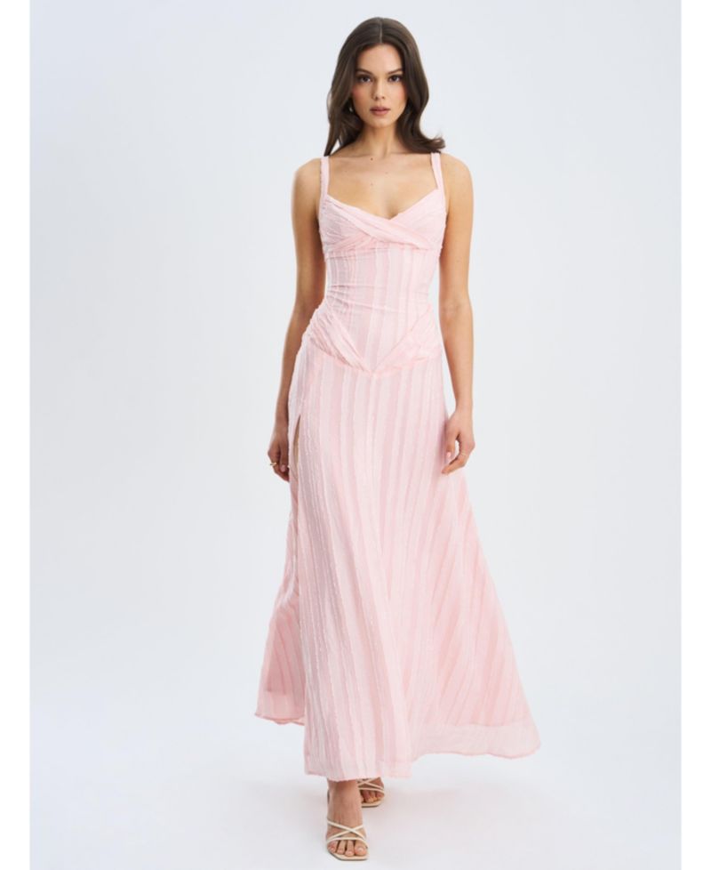 Women's Mallory Baby Pink Stripe Jacquard High Slit Gown