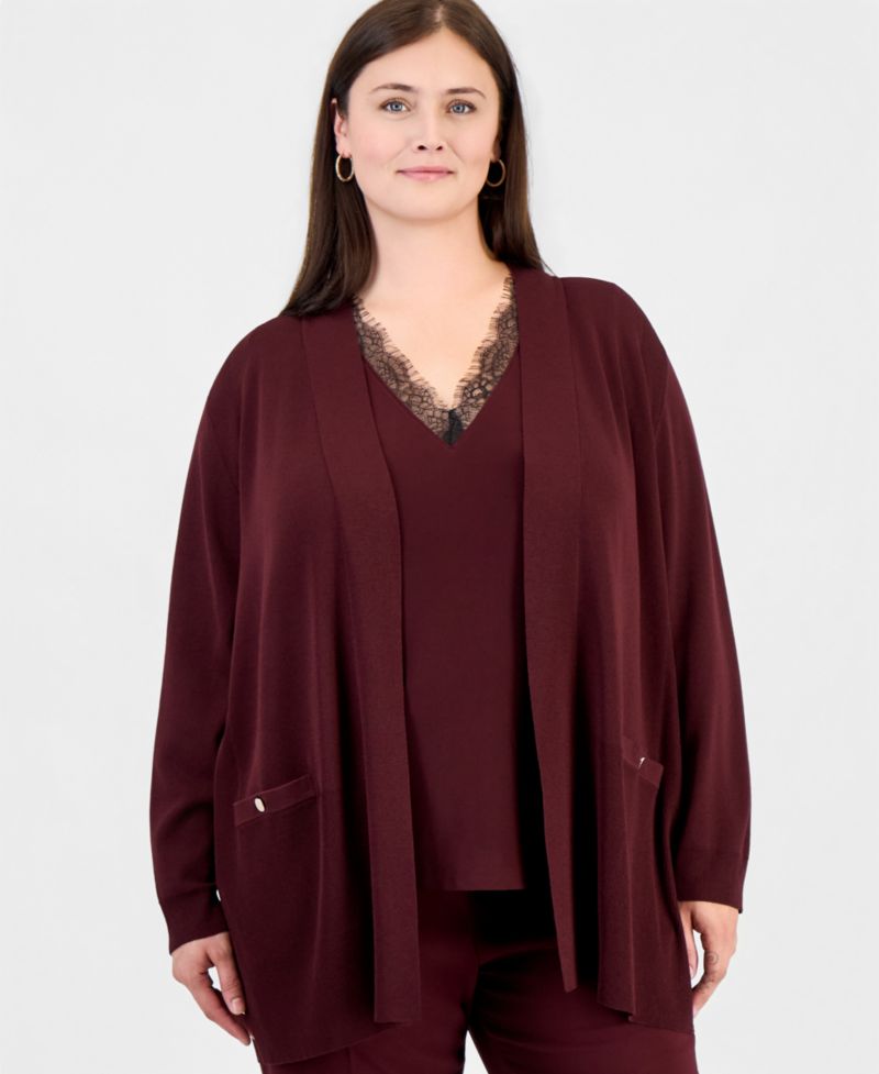 Plus Size Collarless Open-Front Cardigan
