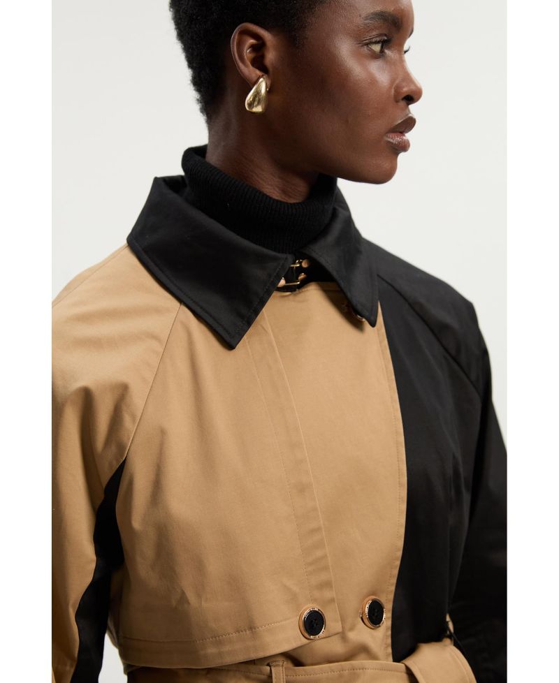 Women's Color Block Belted Tailored Trench Coat