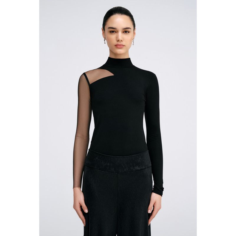 Women's Ysabel Mock-Neck Mesh-Sleeve Fitted Jersey Top