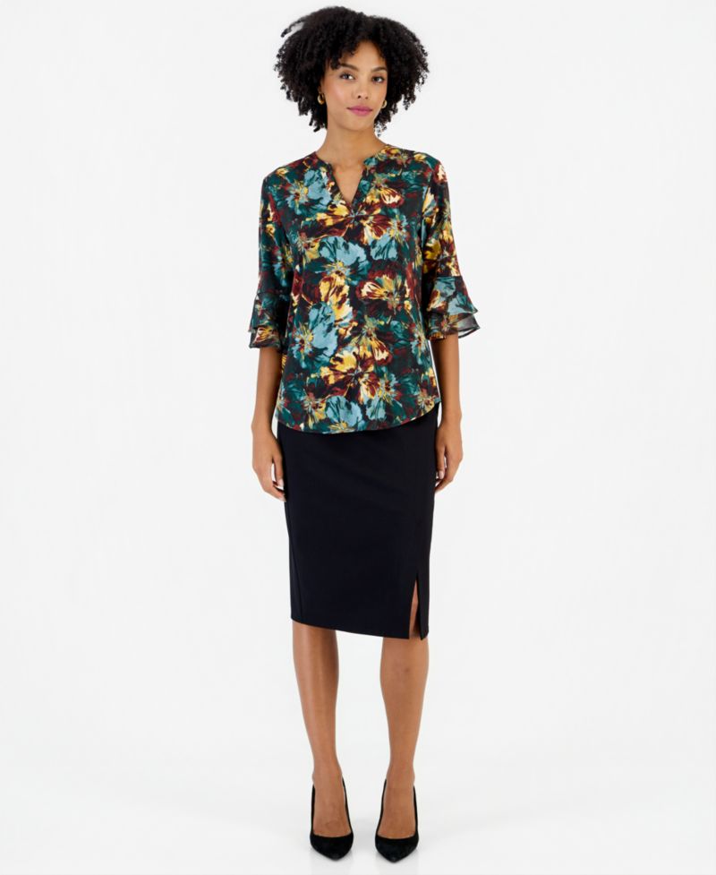 Petite Split Neck Floral-Print 3/4-Length Flutter-Sleeve Tunic