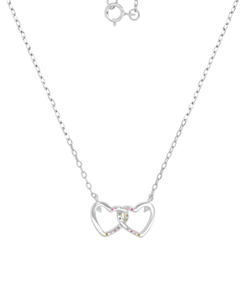Multicolor Cubic Zirconia Interlocking Hearts Pendant Necklace in Sterling Silver 18"