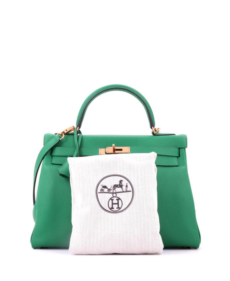 Pre-Owned Hermes Kelly 32 Handbag Green Evercolor with Gold Hardware