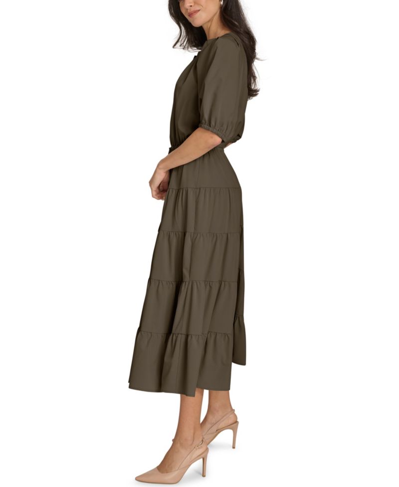 V-Neck Elastic Waistband Midi Dress