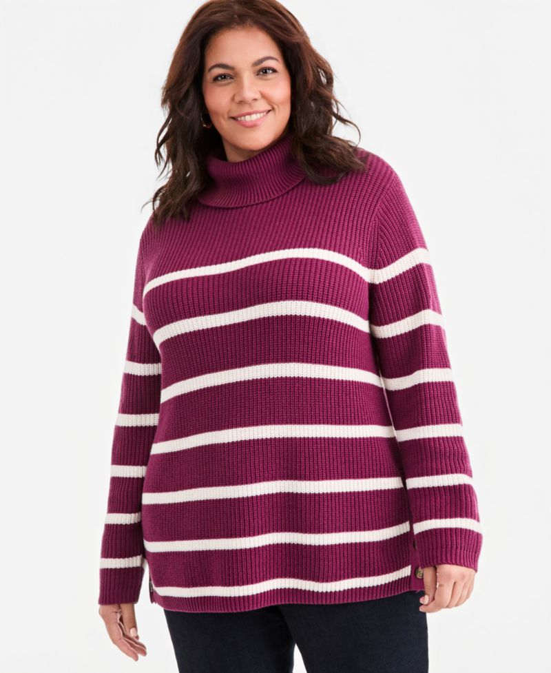 Plus Size Striped Rib Tunic Turtleneck Sweater