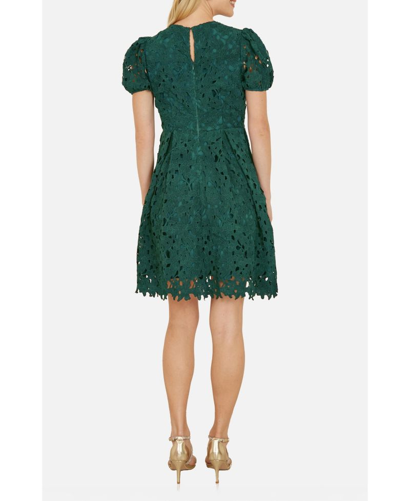 Women's Lace Puff Sleeve Fit Flare Mini Dress