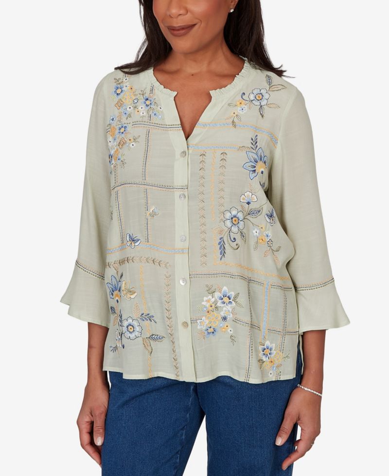 Petite Floral Embroidered Squares Button-Front Top
