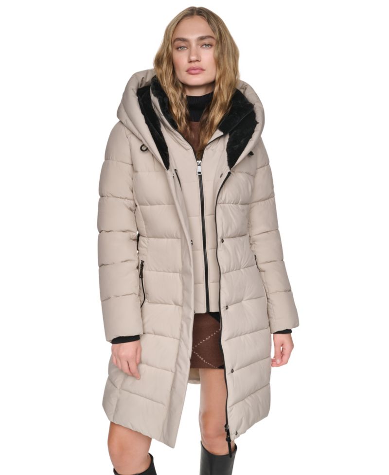 Women's Belted Walker with Faux Fur Hood and Bib Coat