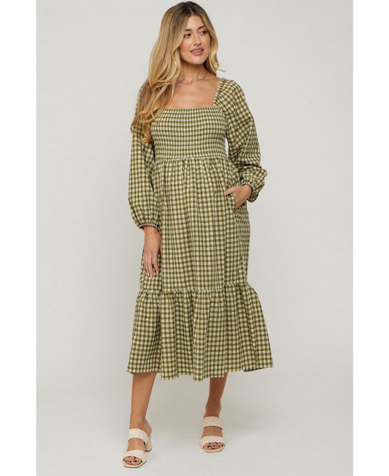 Women's Olive Gingham Long Sleeve Midi Dress