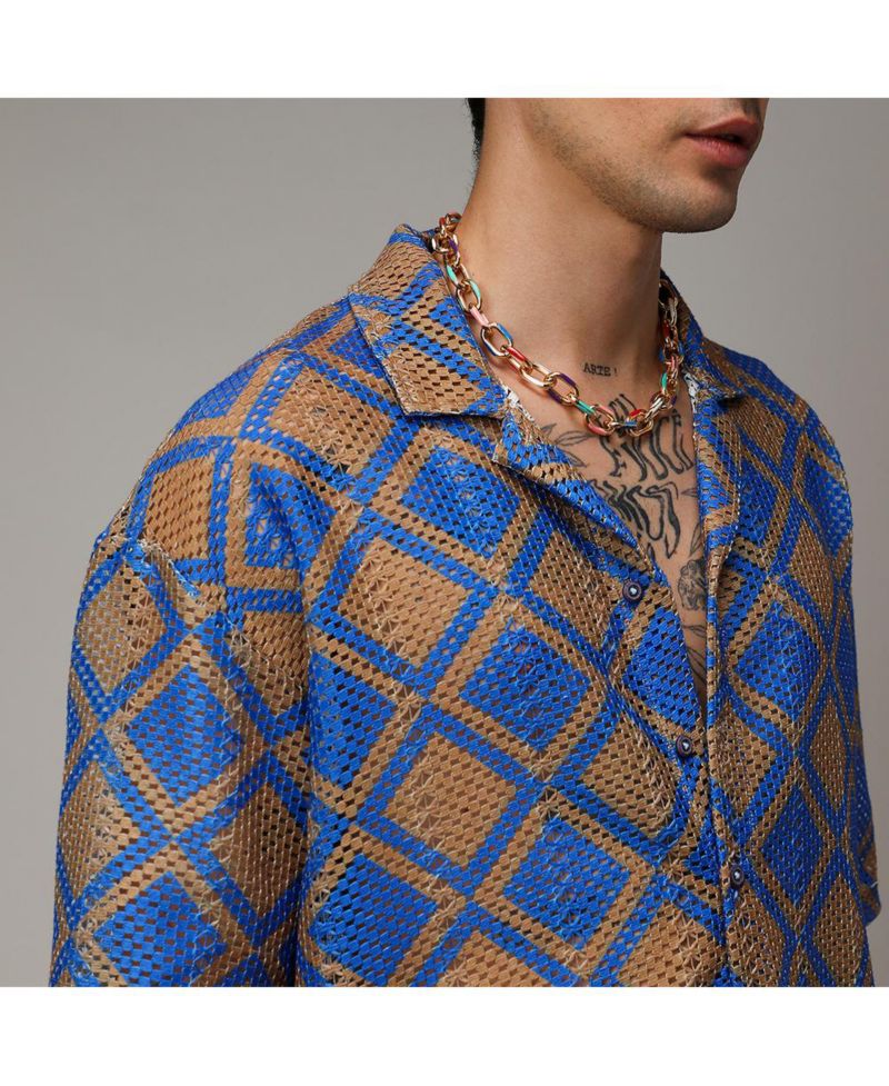 Men's Royal Blue & Mocha Brown Geometric Block Oversized Shirt