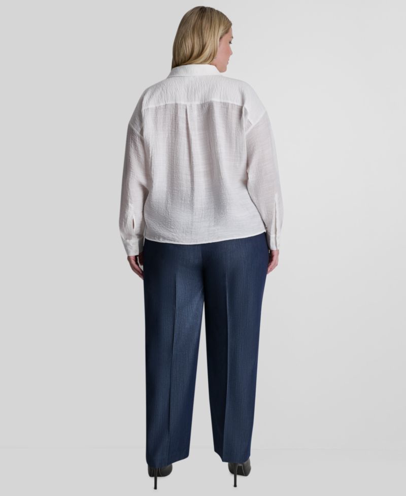 Plus Size Long-Sleeve Collared Organza Blouse