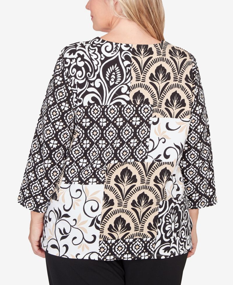 Plus Size Classic Geometric Scroll Patchwork Split Neck Top