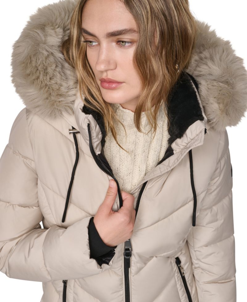 Women's Walker Length Puffer with Faux Fur Trimmed Hood Coat