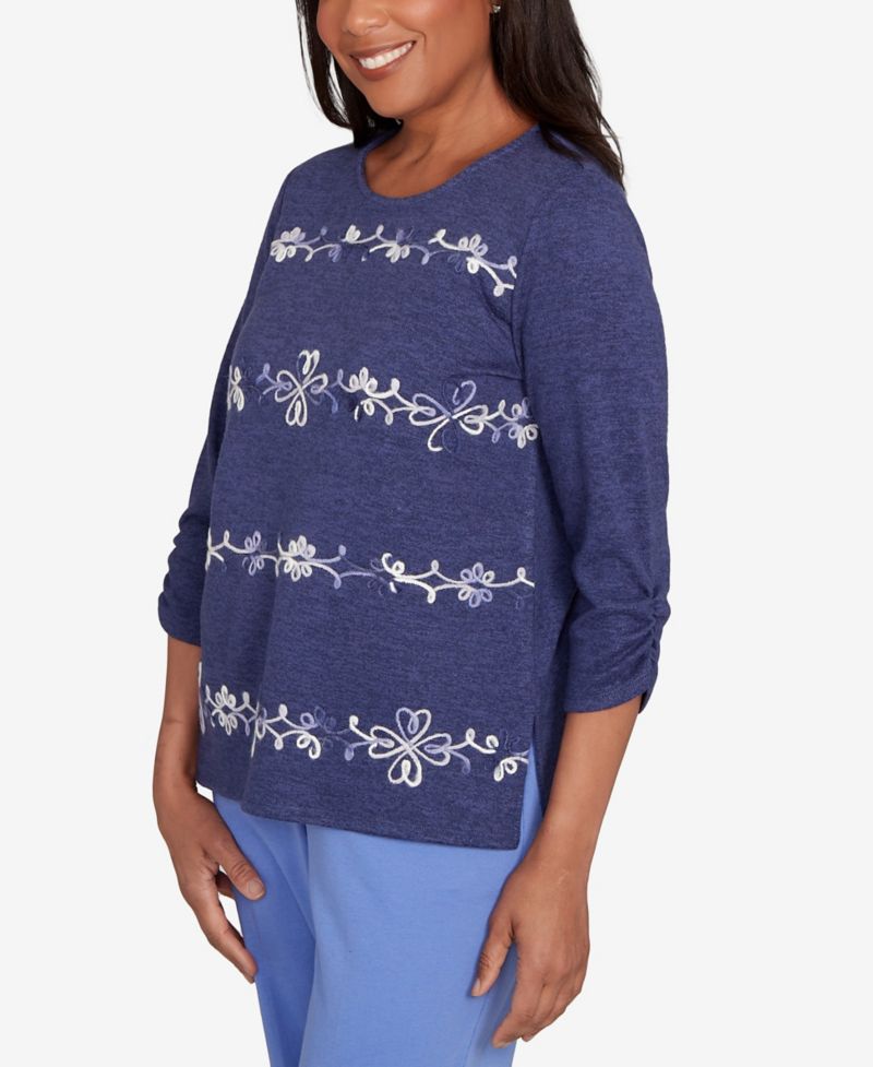 Petite Lake Champlain Embroidered Scroll Ruched Sleeve Top