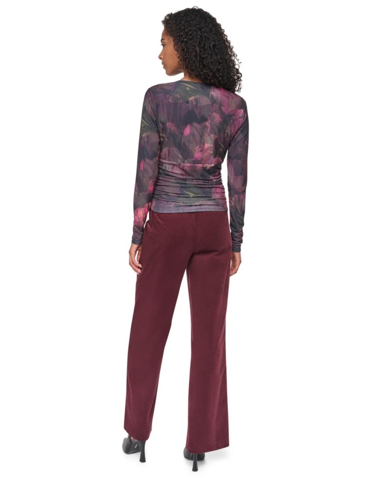 Women's Floral-Print Ruched Long-Sleeve V-Neck Blouse