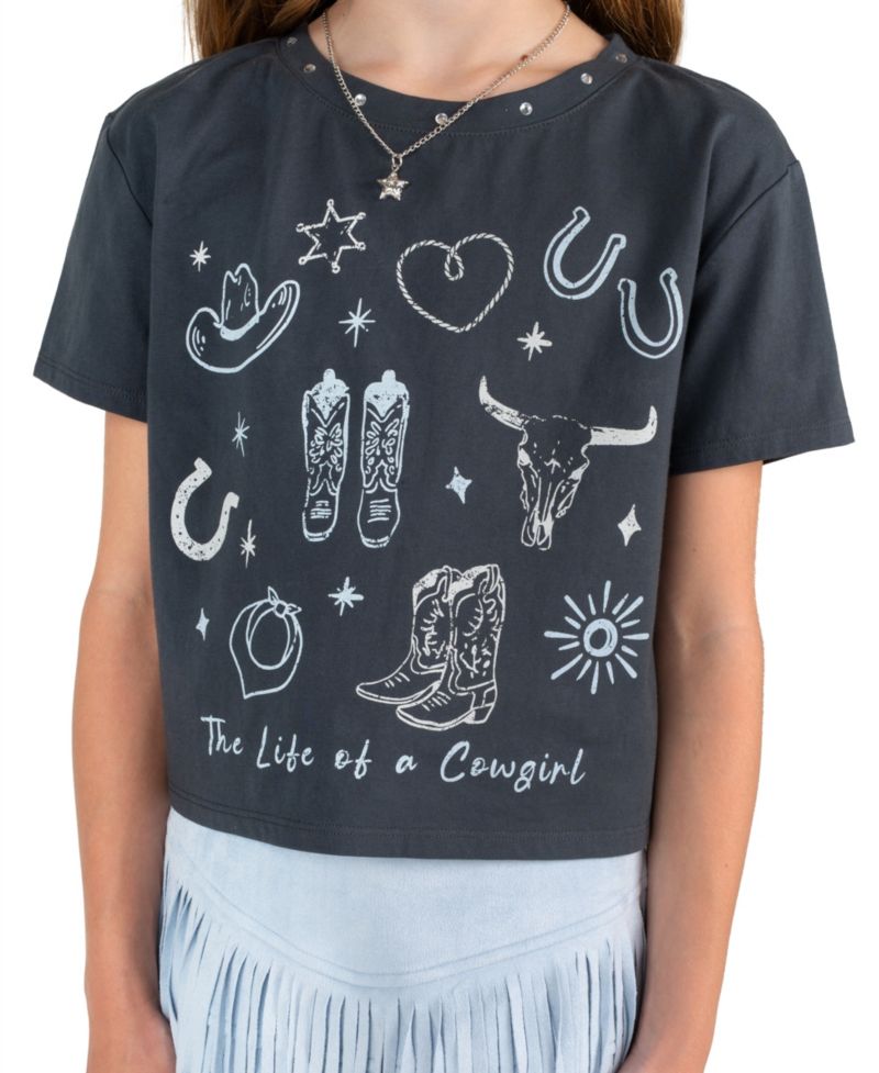 Girls' 7-20 Graphic Fringe Cropped T-Shirt, Skirt, and Necklace, 3-Piece Set