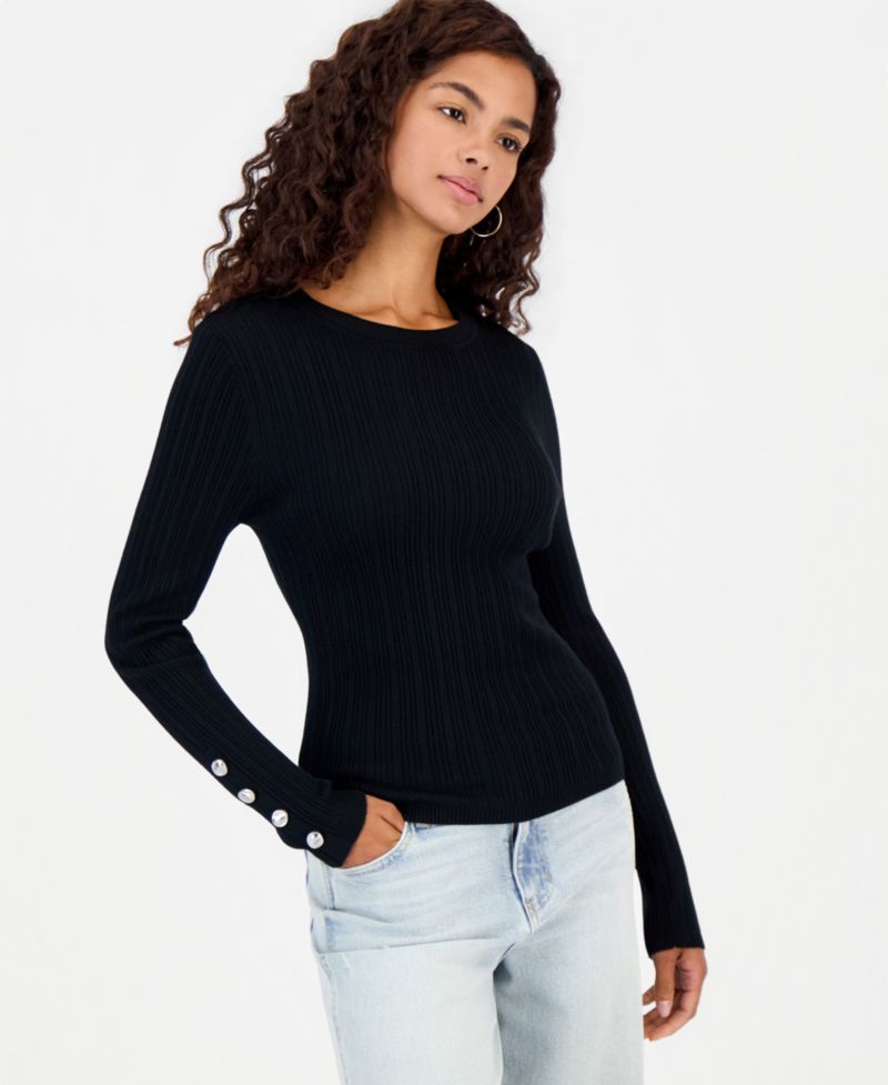 Juniors' Button Fine Gauge Crewneck Ribbed Cardigan