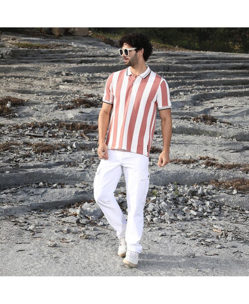Men's Nude Pink and Cream White Awning-Striped Polo T-Shirt